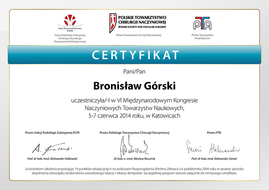 Polskie towarzystwo chirurgii naczyniowej certyfikat