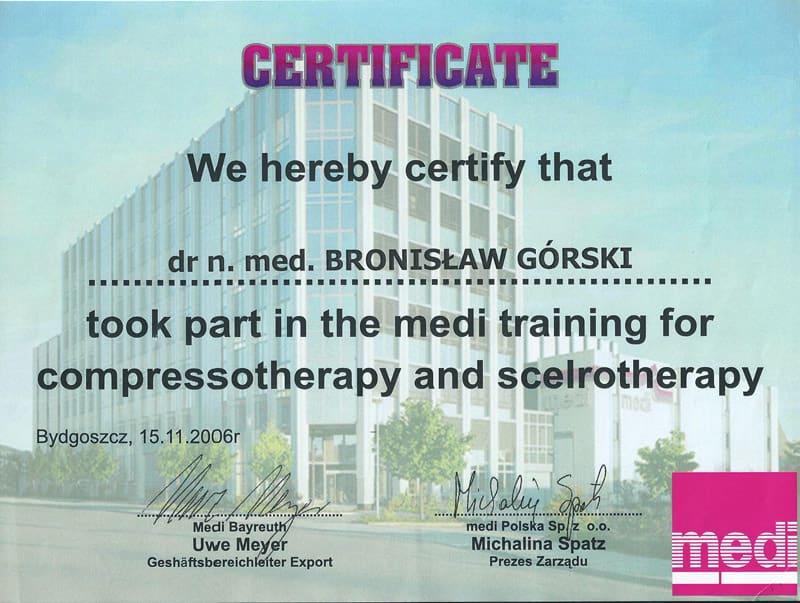 Certificate medi training for compressotherapy and scelrotherapy