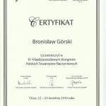 Certyfikat uczestnictwa w IV miedzynarodowym kongresie polskich towarzystw naczyniowych